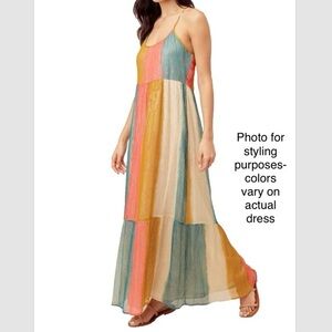Lovestitch Colorful Halter Maxi Dress Rainbow Block Shimmery Lined Boho Glam Med